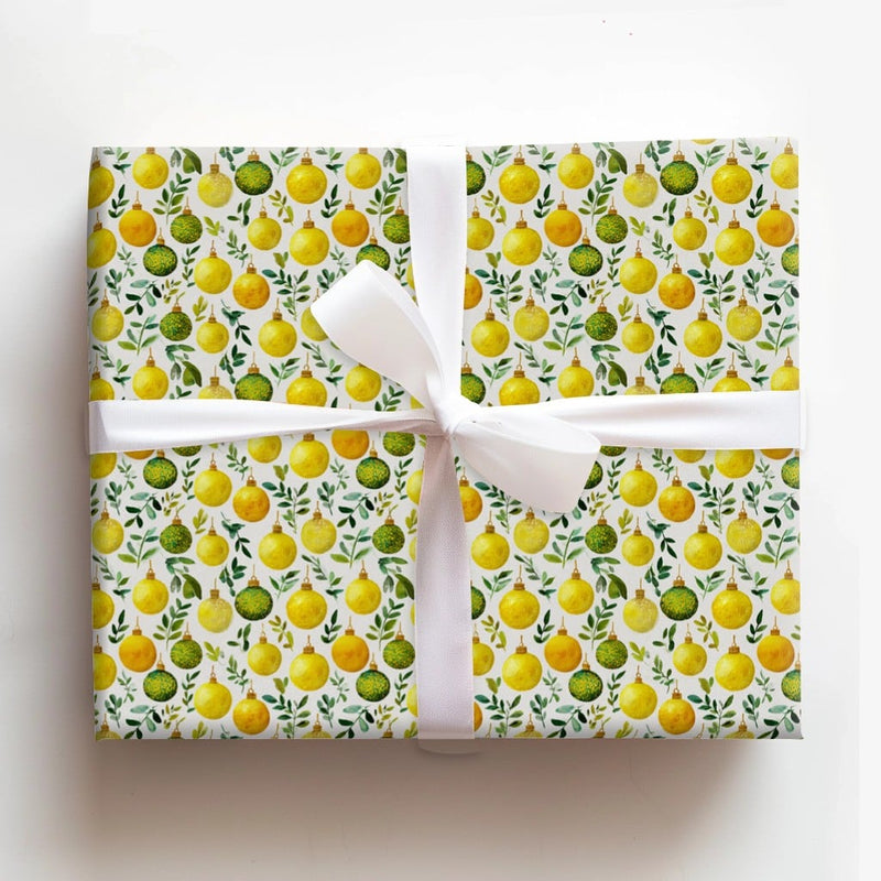 Watercolor Baubles Gift Wrap, Gold and Green Ornament Wrapping Paper, Elegant Christmas Wrapping Paper, Botanical Holiday Gift Wrap Roll