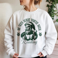 Santa Book Lover Sweatshirt, He Sees What You've Been Reading Sweatshirt, Bookish Christmas Crewneck, Librarian Sweatshirt, Reader Present