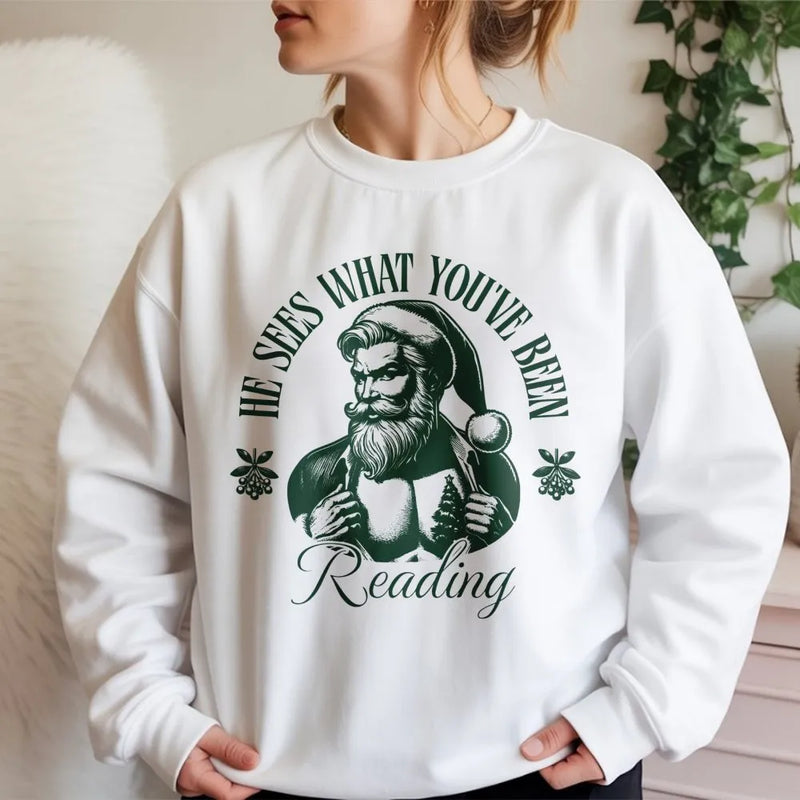 Santa Book Lover Sweatshirt, He Sees What You've Been Reading Sweatshirt, Bookish Christmas Crewneck, Librarian Sweatshirt, Reader Present