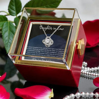 Gold Finish Love Knot Pendant, Daughter in Law Love Knot Necklace with Rotating Rose Box, Love Knot Jewelry, Birthday Christmas Present