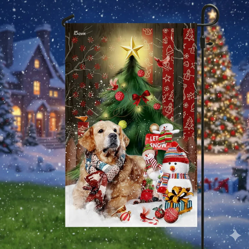 Snowman Tree Holiday Lawn Flag, Golden Retriever Christmas Garden Flag, Double-Sided Winter Dog Lover Yard Decor, Adorable Xmas Porch Banner