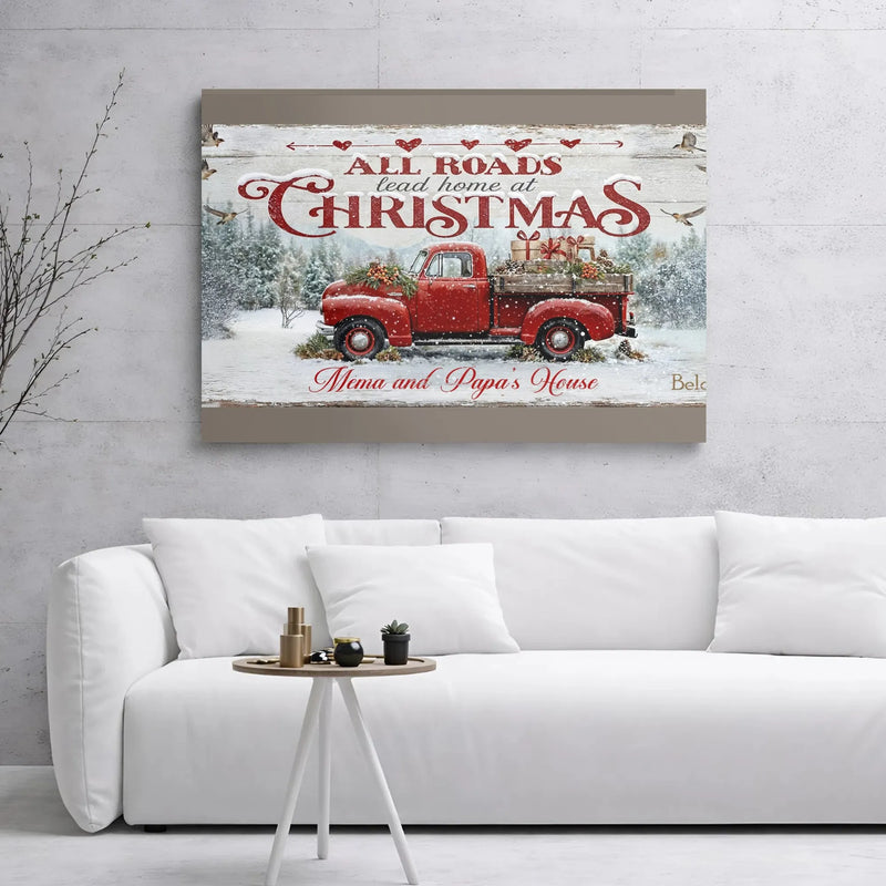 Red Truck Winter Canvas Print, All Roads Lead Home at Christmas Canvas, Rustic Holiday Wall Art, Farmhouse Xmas Canvas, Grandparents Present
