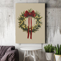 Illuminated Evergreen Holiday Print, Christmas Wreath Digital Wall Art, Festive Winter Wreath Poster, Xmas Bow Wall Decor Digital Download