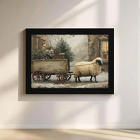 Sheep Winter Cart Canvas Print, Farmhouse Christmas Canvas Wall Art, Rustic Holiday Farm Canvas Painting, Comfy Seasonal Home Decor Present