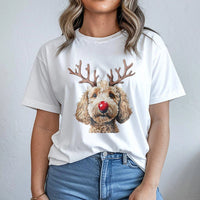 Reindeer Antlers Dog Shirt, Goldendoodle Christmas T-Shirt, Humorous Red Nose Graphic Tee, Adorable Puppy Holiday T-Shirt, Pet Lover Xmas Present
