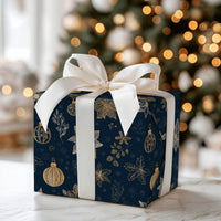 Floral Christmas Gift Wrap, Navy Blue Gold Poinsettia Wrapping Paper, 90 GSM Fine Art Paper, Luxury Holiday Present Wrapping Roll