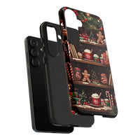 Gingerbread Cocoa Holiday Phone Cover, Christmas Bookshelf Phone Case for Samsung Galaxy, Comfy Bookish Candy Cane Case