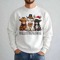 Adorable Holiday Crewneck, Highland Cow Christmas Sweatshirt, Festive Hallothanksmas Sweatshirt, Humorous Winter Pullover, Animal Lover Xmas Present