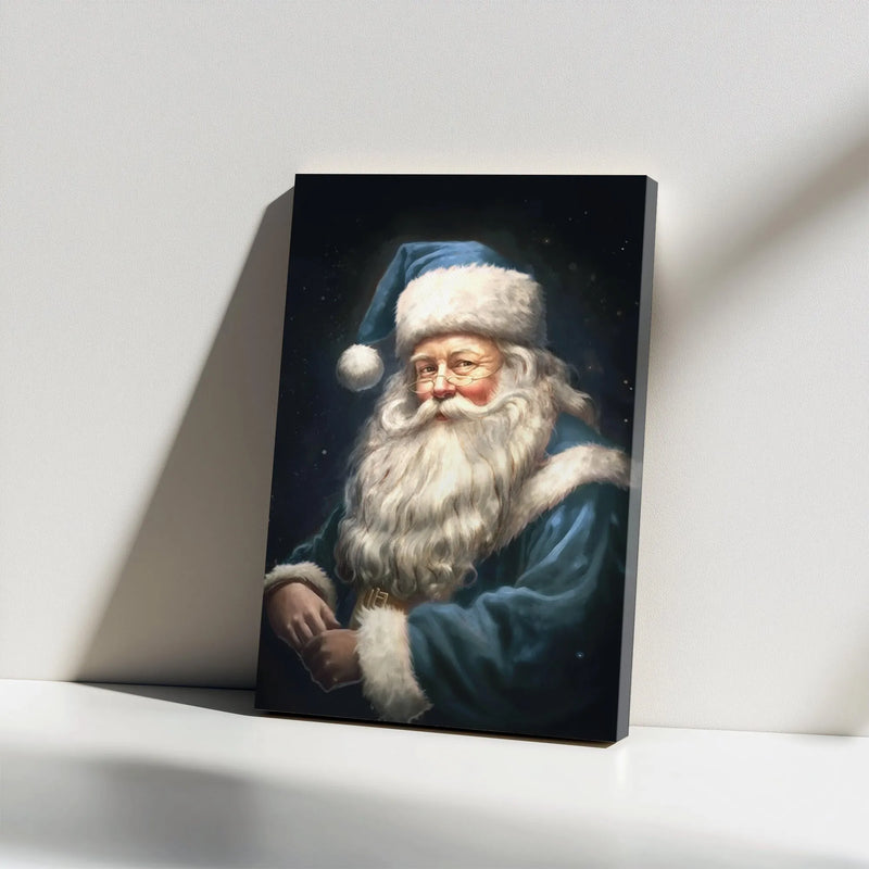 Vintage Winter Holiday Portrait Print, Blue Santa Claus Canvas Wall Art, Rustic Christmas Decor, Nostalgic Father Christmas Art Canvas