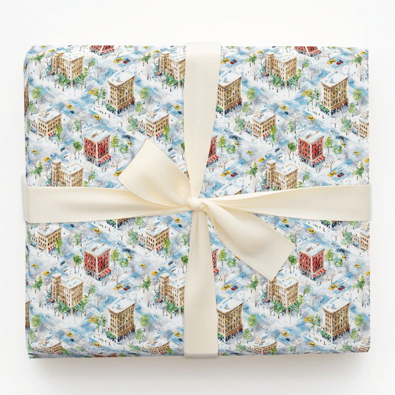 Watercolor Snowy Urban Street Gift Wrap, Winter City Christmas Wrapping Paper, Isometric Cityscape Wrapping Paper Roll, Holiday Present Wrap