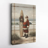 Coastal Vintage Santa Canvas Print, Surfing Santa Canvas Wall Art, Tropical Christmas Wall Decor, Beach House Holiday Canvas Wall Art