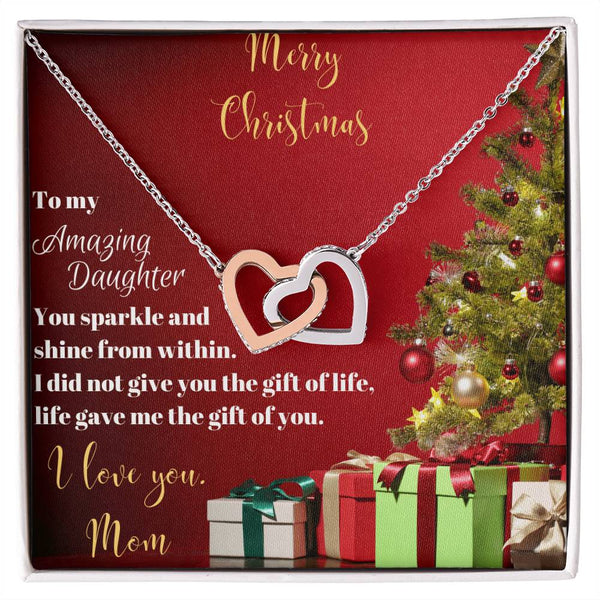 Christmas Heart Necklace, To Daughter from Mom Interlocking Hearts Necklace, Cubic Zirconia Pendant Necklace, Meaningful Daug