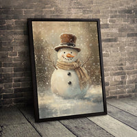 Winter Holiday Painting Canvas Print, Vintage Snowman Canvas Wall Art, Christmas Snowman with Top Hat Wall Decor, Rustic Holiday Wall Art