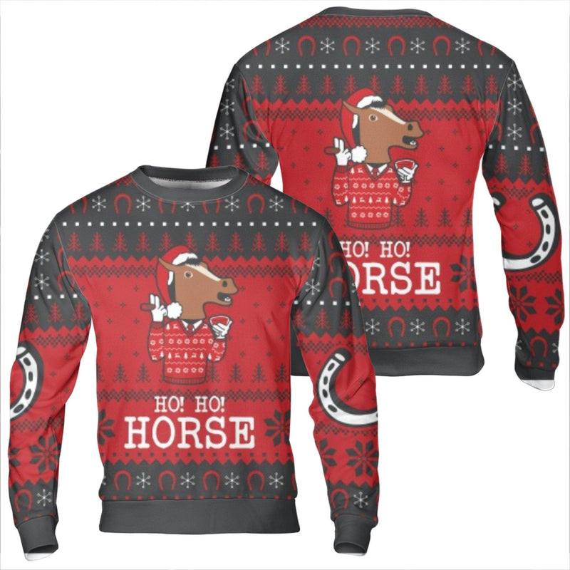 Humorous Cartoon Pony Holiday Sweater, Ho Ho Horse Ugly Christmas Sweatshirt, Equestrian Farm Animal Xmas Pullover, Horse Lover Crewneck