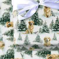 Snowy Pine Tree Dog Gift Wrap, Golden Retriever Wrapping Paper, Winter Landscape Wrapping Paper, Christmas Pet Gift Wrap, Holiday Dog Paper