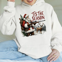 Humorous Deer Rifle Graphic Sweatshirt, Tis the Season Santa Hunting Hoodie, Retro Hunting Christmas Hooded Sweater, Hunter Graphic Xmas Hoodie