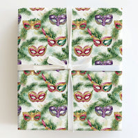 Venetian Mask Holiday Gift Wrap, Christmas Masquerade Wrapping Paper, Watercolor Festive Pine Gift Wrap, Winter Party Gift Wrapping Paper