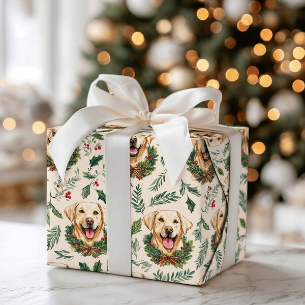 Christmas Wreath Dog Gift Wrap, Yellow Labrador Wrapping Paper, Holiday Holly Dog Wrapping Paper, Festive Pet Lover Gift Wrap