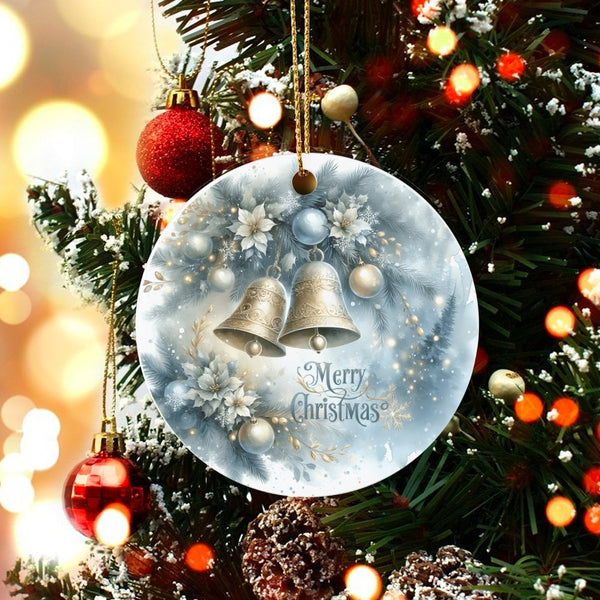 Winter Floral Holiday Ornament, Golden Bells Christmas Ornament, Elegant Merry Christmas Ceramic Ornament, Festive Tree Decor