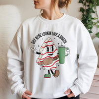 Lookin Like A Snack Sweater, Christmas Tree Cake Sweatshirt, Humorous Holiday Snack Graphic Crewneck, Retro Xmas Tree Cake Present Sweatshirt