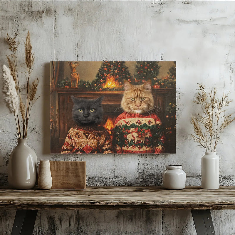 Humorous Pet Portrait Canvas Print, Two Cats Ugly Christmas Sweater Canvas, Adorable Christmas Cats Wall Art, Holiday Cat Lover Canvas Art Present