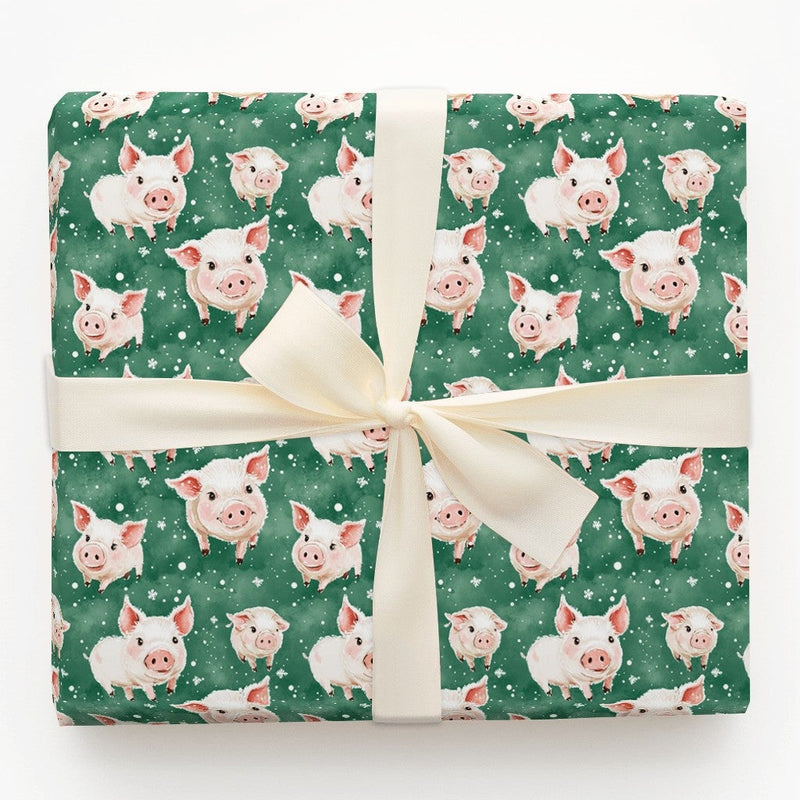 Adorable Watercolor Piglet Gift Wrap, Winter Pig Christmas Wrapping Paper, Dark Green Animal Wrapping Paper, Whimsical Holiday Present Gift Wrap