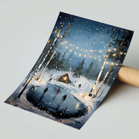 Comfy Cabin Snowy Forest Painting, Winter Night Ice Skating Wall Art Print, Christmas Holiday Landscape Poster, Seasonal Home Decor
