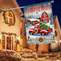 Vintage Winter Barn Yard Banner, Merry Christmas Red Truck Garden Flag, Double Sided Holiday Flag, Rustic Farmhouse Lawn Decor