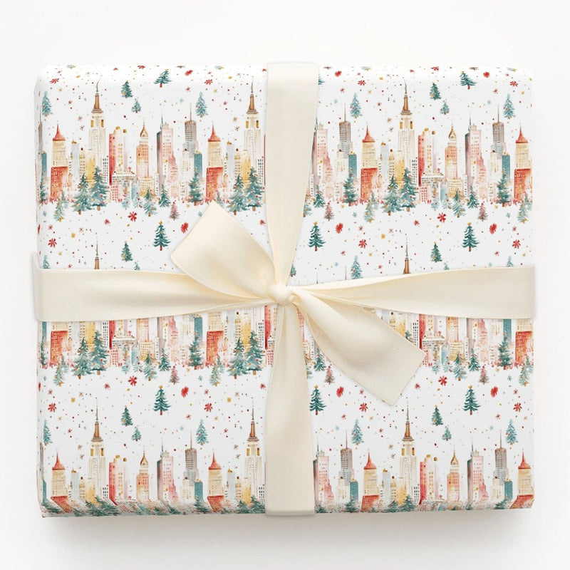 New York Holiday Gift Wrap, NYC Skyline Christmas Wrapping Paper, Watercolor Cityscape Wrapping Paper, Festive Winter Present Gift Wrap