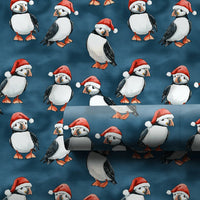 Adorable Santa Hat Bird Gift Wrap, Christmas Puffin Wrapping Paper, Teal Winter Holiday Wrapping Paper, Coastal Nature Lover Holiday Gift Wrap