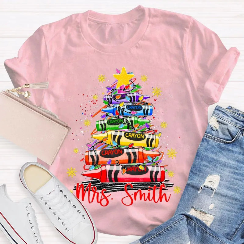 Custom Name Holiday Shirt, Personalized Christmas Tree T-Shirt, Colorful Crayon Snowflake Graphic Tee, Kids Family Christmas Tee