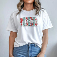 Santa Claus Checkered Shirt, Christmas Teacher T-Shirt, Adorable Teacher Christmas Tee, Festive Educator Graphic T-Shirt, Winter Holiday Tee