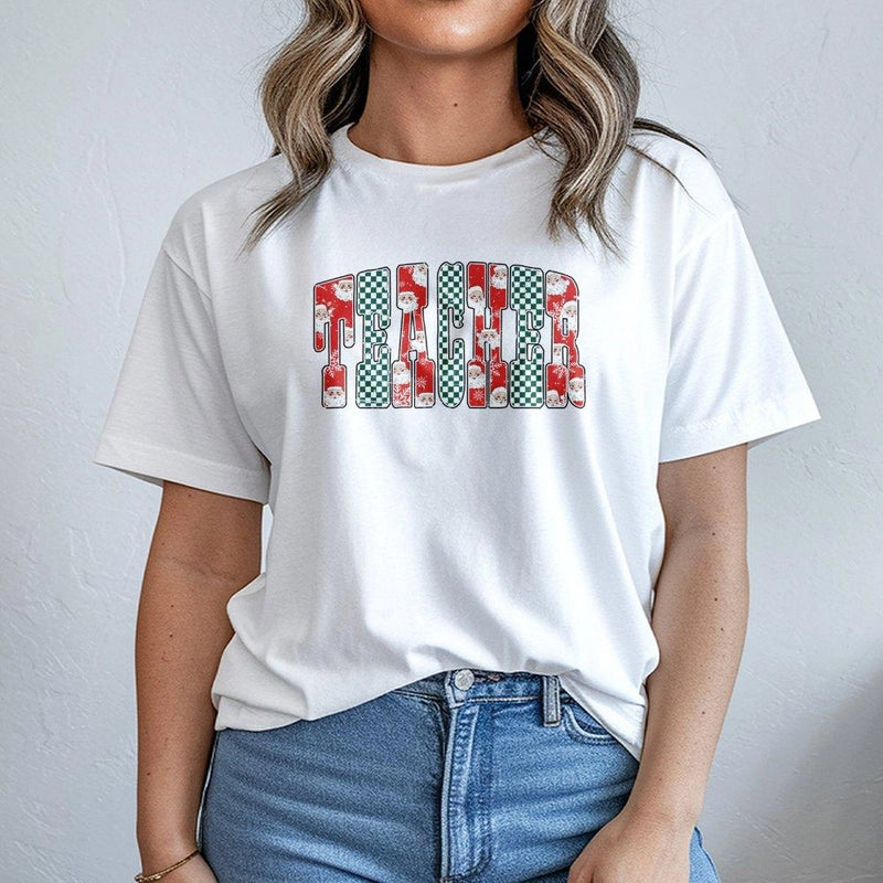 Santa Claus Checkered Shirt, Christmas Teacher T-Shirt, Adorable Teacher Christmas Tee, Festive Educator Graphic T-Shirt, Winter Holiday Tee