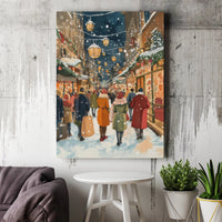Snowy Night Winter City Wall Art, Christmas Shopping Street Canvas, Festive Holiday Townscape Print, Comfy Christmas Village Art Canvas