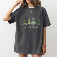 Watercolor Christmas Tree Shirt, Merry and Bright Christmas Tree T-Shirt, Festive Pine Forest Graphic Tee, Botanical Christmas Tree Tee