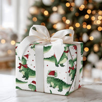 Santa Hat Dino Gift Wrap, Christmas Dinosaur Wrapping Paper, Watercolor Holiday Wrapping Paper, Festive Kids Present Wrap, Xmas Gift Wrap