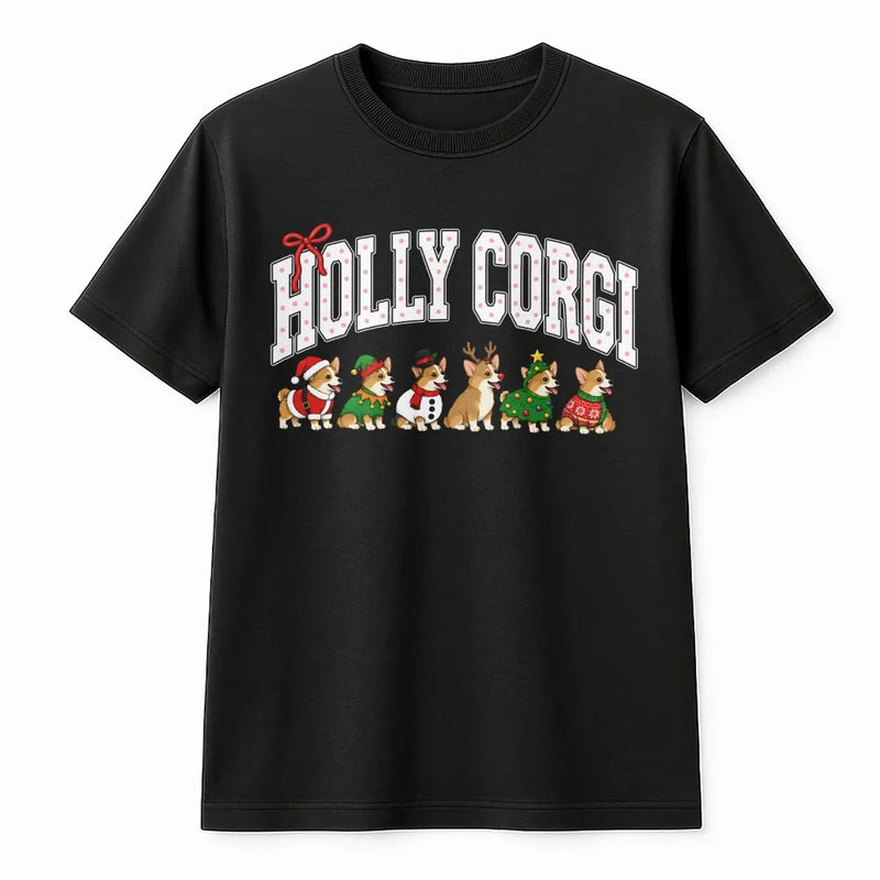 Corgi Christmas T-Shirt, Holly Corgi Christmas Shirt, Vintage Varsity Corgi Dog Tee, Adorable Holiday Corgi Graphic Shirt, Xmas Dog Lover Present