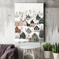 Watercolor Christmas Town Canvas Print, Snowy Winter Village Canvas Wall Art, Gold Snowfall Holiday Canvas, Festive Winter Wall Decor