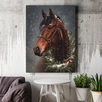 Brown Horse with Festive Wreath in Snow Poster, Christmas Horse Canvas Wall Art, Winter Equestrian Holiday Print, Rustic Digital Download