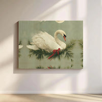 Festive Pine Branch Red Bow Canvas Art, White Swan Canvas Print, Christmas Swan Wall Decor, Holiday Season Canvas Art, Winter Decor Present