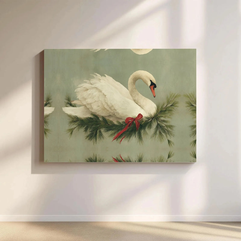 Festive Pine Branch Red Bow Canvas Art, White Swan Canvas Print, Christmas Swan Wall Decor, Holiday Season Canvas Art, Winter Decor Present