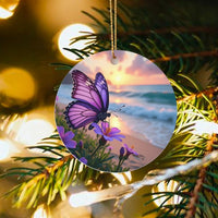 Sunset Beach Floral Tree Ornament, Purple Butterfly Ceramic Ornament, Nature Lover Christmas Ornament, Scenic Art Keepsake Decor Present