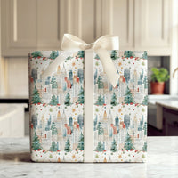 Watercolor NYC Urban Gift Wrap, Christmas City Skyline Wrapping Paper, Winter Pine Tree Present Wrap, Festive Holiday Packaging