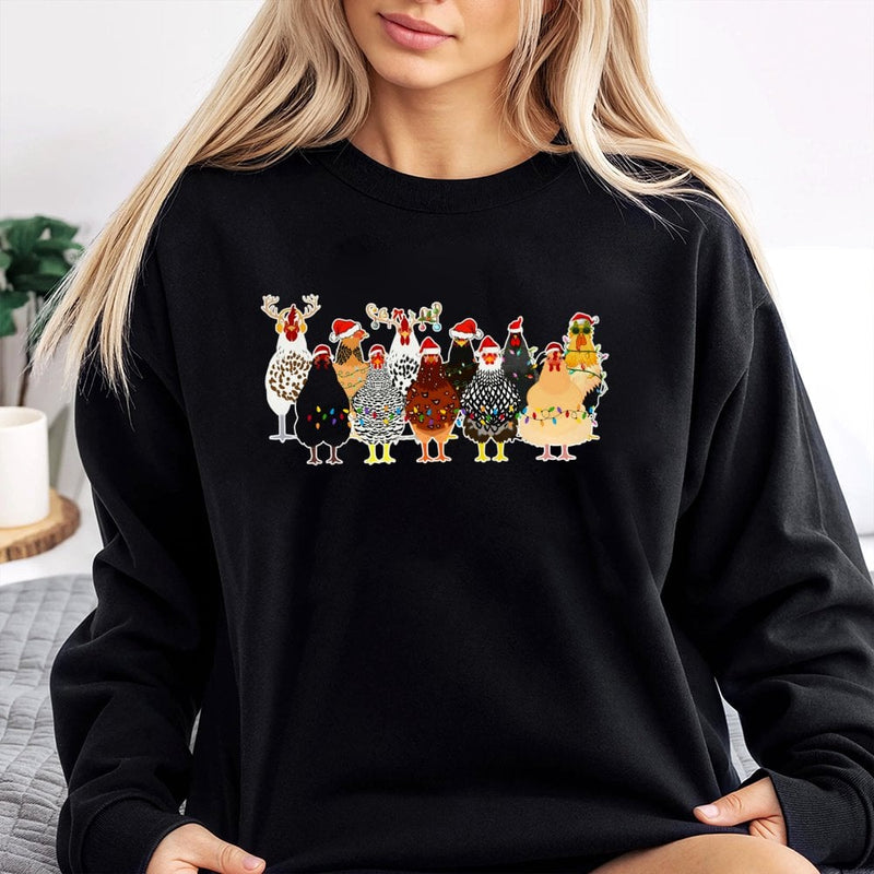 Santa Hat Hens Sweatshirt, Humorous Chicken Christmas Sweatshirt, Festive Farm Animal Crewneck, Xmas Lights Poultry Sweatshirt, Farmer Present