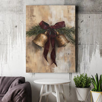 Vintage Pine Ribbon Holiday Canvas Print, Rustic Christmas Bells Canvas Wall Art, Festive Farmhouse Canvas Art, Christmas Wall Hanging