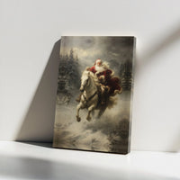 Snowy Winter Forest Canvas Print, Santa Claus with White Horse Canvas Art, Majestic Christmas Canvas Wall Art