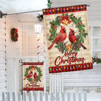 Festive Wreath Red Birds Yard Flag, Merry Christmas Cardinal Garden Flag, Double Sided Winter Holiday Lawn Flag, Bird Lover Present