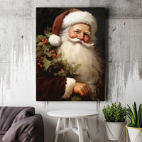 Traditional Christmas Portrait Canvas Print, Vintage Santa Claus Wall Art, Antique Holly Saint Nick Poster, Holiday Winter Wall Decor