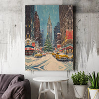 NYC Watercolor Canvas Print, Christmas in New York Canvas Wall Art, Vintage Holiday Cityscape Canvas, Winter City Wall Decor, Christmas Present