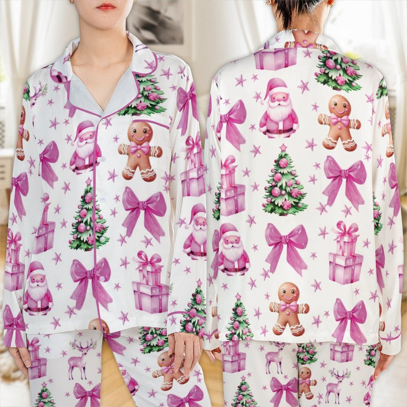 Santa Gingerbread Satin Pajamas, Pink Christmas Pajama Set, Adorable Holiday Sleepwear, Silky Winter Loungewear Set, Pastel Xmas Present for Her